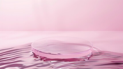 Poster - Empty clear glass circle podium on pink transparent calm water texture with waves in sunlight Abstract nature background for product presentation Flat lay cosmetic mockup copy space : Generative AI