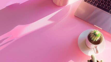 Aufkleber - Working with Laptop computerHot coffee and cactus copy space on pink table backgroundTop viewFlat laystyle Minmal workspacebusiness Concept : Generative AI