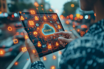 Poster - A person is holding a tablet with a cloud and the word 