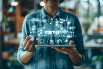 Poster - A person is holding a tablet with a holographic cloud that says 