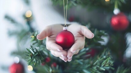 Poster - Close up woman holding red Christmas ornament on Christmas tree and white background : Generative AI