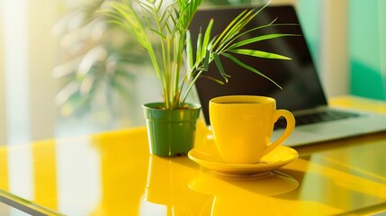Aufkleber - Close up of yellow cup of coffee laptop with mock up screen and green potted plant on glass designer table Blogger freelancer workplace : Generative AI