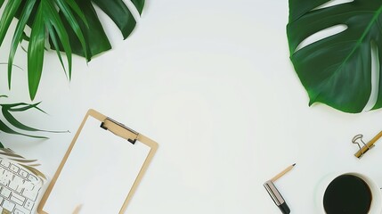 Aufkleber - Flat lay top view office table desk Workspace with blank clip board keyboard office supplies pencil green leaf and coffee cup on white background : Generative AI