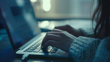 Poster - Young woman working with a laptop Female freelancer connecting to internet via computer Blogger or journalist writing new article Closeup of female hands typing on keyboard : Generative AI