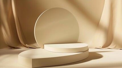 Poster - Blank round geometric shape podium platform on paper cut abstract minimal geometric shape light brown background Top view mock up for product display : Generative AI