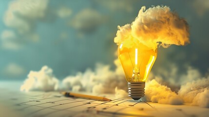 Aufkleber - Yellow light bulb with cloud sketches  Flat lay : Generative AI