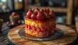 A photo of strawberry cake taken in the style of a food photographer, showing the whole cake with sliced strawberries on top