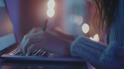 Poster - Young woman working with a laptop Female freelancer connecting to internet via computer Blogger or journalist writing new article Closeup of female hands typing on keyboard : Generative AI