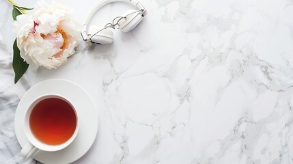 Aufkleber - Female home office workspace with modern keyboard glasses headphones cup of tea and peony flowers on white marble background Top view Flat lay : Generative AI