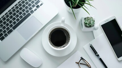 Aufkleber - White office desk table with laptop smartphone cup of coffee and supplies Top view with copy space flat lay : Generative AI