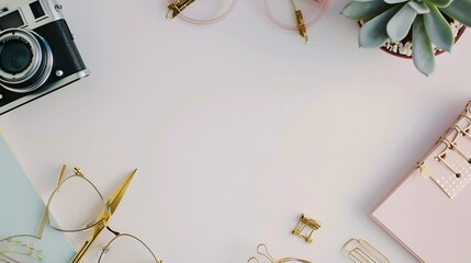Poster - feminine desk workspace with succulent retro camera scissors diary glasses and golden clips on white background flat lay top view : Generative AI