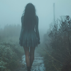 Wall Mural - A woman in a dress is walking down a foggy road.