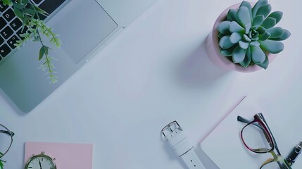 Poster - Flat lay top view office table desk frame feminine desk workspace with laptop diary succulent glasses watch on white background : Generative AI
