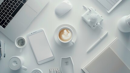 Poster - White hipster office desk table with computer supplies smartphone cup of coffee and office things Top view with copy space flat lay : Generative AI