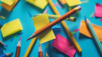 Poster - Pencils and various color sticky notes on blue background : Generative AI