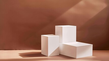 Poster - White square podiums for presentations on a brown background Top view flat lay Banner : Generative AI