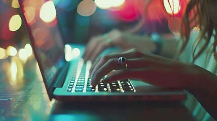 Poster - Young woman working with a laptop Female freelancer connecting to internet via computer Blogger or journalist writing new article Closeup of female hands typing on keyboard : Generative AI