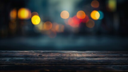 Aufkleber - Wooden table blurred bokeh background background Neon light night view closeup The general background of the interior a dark background : Generative AI