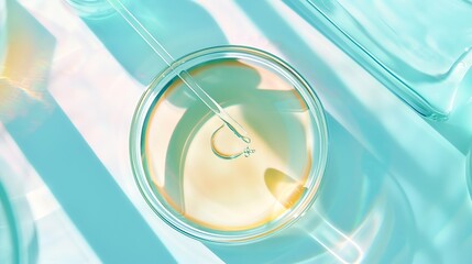 Poster - Laboratory glass petri with pipette and drop of water serum oil beauty product Natural medicine cosmetic research bio science Concept of skincare and analysis Dermatology Flat lay top  : Generative AI