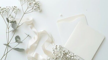 Poster - Styled stock photo Feminine wedding desktop stationery mockup with blank greeting card babys breath Gypsophila flowers dry green eucalyptus leaves satin ribbon and white background Emp : Generative AI