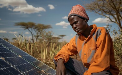 Technician Inspecting Solar Panels in Rural African Landscape