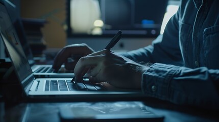 Poster - Casual business man with pen in hand busy working on laptop computer typing on keyboard with notebook mobile smart phone on desk in modern office close up dark tone : Generative AI