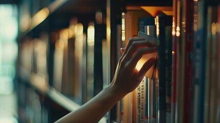Poster - Close up hand search for book on bookshelves in the library Select a book on shelf Studying knowledge education in bookstore : Generative AI