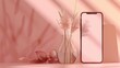 Empty mobile phone screen mockup glasses vase and meadow grass on a light pink and terracotta background with abstract sunlight shadow and crystal reflections minimal business brand te : Generative AI