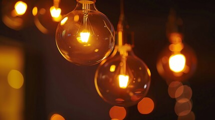 Aufkleber - ceiling lighting bulbs are glowing in orange warming shade in dark environment Interior cozy style decoration Closeup and selective focus : Generative AI