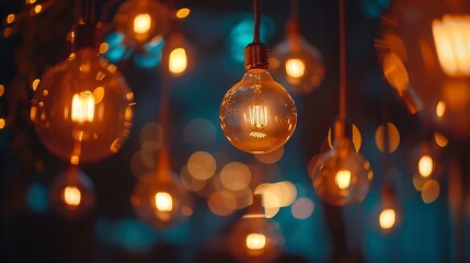 Aufkleber - Classic sphere lighting bulbs are glowing in orange warming shade there are hanging from ceiling in dark environment Interior cozy style decoration Closeup and selective focus : Generative AI