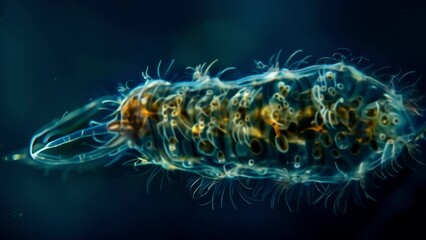 Wall Mural - A microscopic view of a rotifer its body covered in cilia that move in a synchronized waving motion as the tiny creature swims through . AI generation.