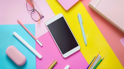Poster - Mock up smartphone and office accessories on colorful background with copy spaceview from above : Generative AI