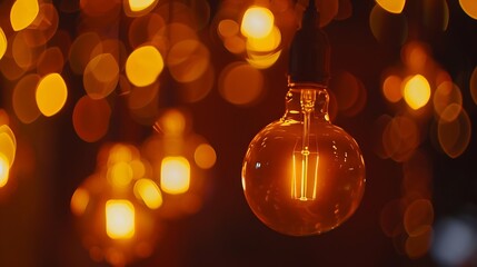 Aufkleber - Classic sphere lighting bulbs are glowing in orange warming shade there are hanging from ceiling in dark environment Interior cozy style decoration Closeup and selective focus : Generative AI
