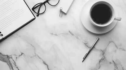Poster - Business desk composition Notebook pen glasses paperclip hot coffee on marble table Modern workspace for businessman working concept Flat lay top view BW tone Copy space : Generative AI