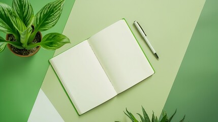 Aufkleber - Office notebook with blank pages lying open on two tone or bicolor green and white background with leaf of a potted plant and pen in a creative flat lay still life : Generative AI