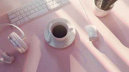 Fototapete - Neutral Minimalist Flat Lay Scene With coffee keyboard headphones and cactus : Generative AI