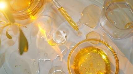 Poster - Laboratory glass petri with pipette and drop of water serum oil beauty product Natural medicine cosmetic research bio science Concept of skincare and analysis Dermatology Flat lay top  : Generative AI