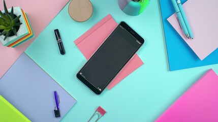 Poster - Mock up smartphone and office accessories on colorful background with copy spaceview from above : Generative AI