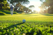 golf ball on green grass of lawn on golf course in summer at sunny day
