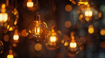 Aufkleber - Classic sphere lighting bulbs are glowing in orange warming shade there are hanging from ceiling in dark environment Interior cozy style decoration Closeup and selective focus : Generative AI
