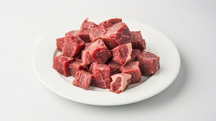 Poster - The beef is cut into cubes and placed on a white plate isolated on white : Generative AI