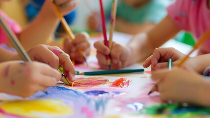 Closeup shot of hands of children drawing and painting water or crayons on paper of their own creative creativity in bright colors in kindergarten class in school : Generative AI