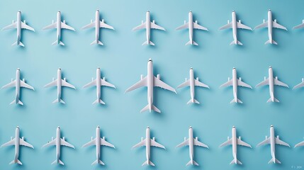 Wall Mural - Creative composition made with white passenger plane on pastel blue background Summer travel or vacation pattern Flat lay : Generative AI