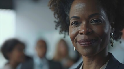Poster - Close up portrait of a happy smiling confident african american business woman leader proudly looking at the camera with a team of company employees talking in the background in office : Generative AI