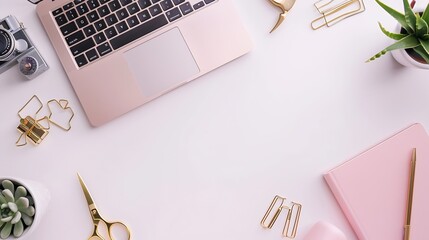 Aufkleber - Flat lay top view office table desk feminine desk workspace with succulent laptop retro camera scissors diary and golden clips on white background : Generative AI