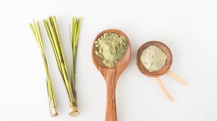 Poster - Fresh lemongrass leaf with dry lemongrass slice and lemon grass powder in wooden spoon isolated on white  background  top view  flat lay : Generative AI