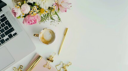 Aufkleber - Top view home office desk Workspace with laptop wildflowers bouquet coffee cup golden pen clips and accessories Flat lay : Generative AI
