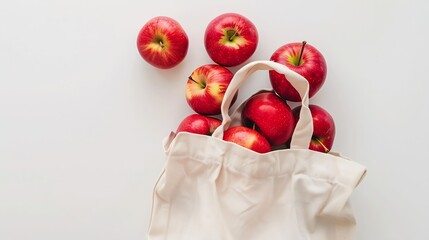 Aufkleber - Red ripe apples in shopping bag on white background Autumn apple flat lay top view copy space Autumn harvest apple cooking concept : Generative AI
