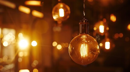 Aufkleber - Classic sphere lighting bulbs are glowing in orange warming shade there are hanging from ceiling in dark environment Interior cozy style decoration Closeup and selective focus : Generative AI