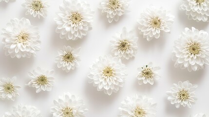 Poster - white chrysanthemums on white background frame copy space top view flat lay : Generative AI
